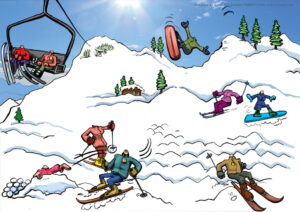 A full mountain ski and snowboard scene