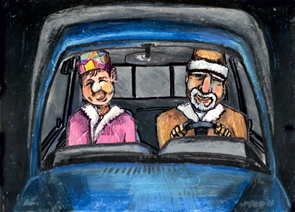 Custom caricature animation project for Collision 130 showing two people driving