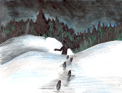 Caricature animation project featuring a man running away in snow